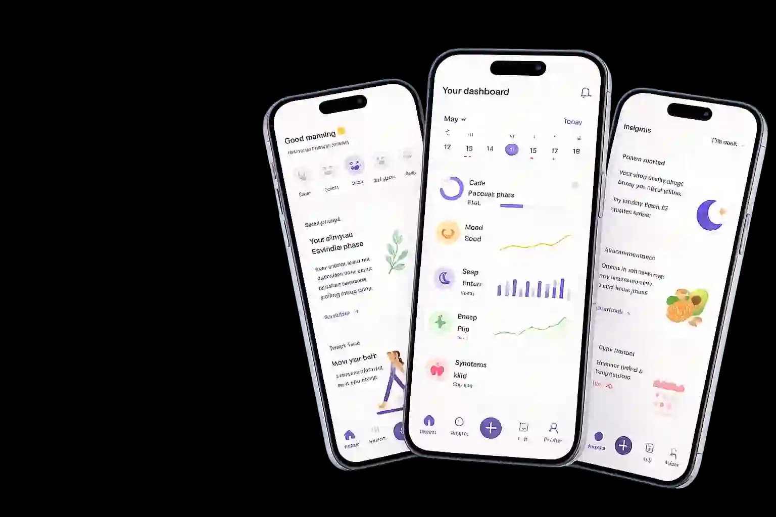 Women's wellness tracking app screens